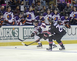 Katie Rickman | The Vindicator.Phantom's Josh Melnick  (8) skates up the ice as  Chicago Steel's Fredrik Olofsson (28)  tries to steal from him during the second period on Wednesday, Dec. 3, 2014.