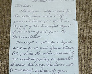 Katie Rickman | The Vindicator.A letter from Mr. Hutchinson thanking Sam Messina for all of his hard work with the Westinghouse Electric Corp. and also thanking him for securing a $150,000 grant for the foundation years ago.