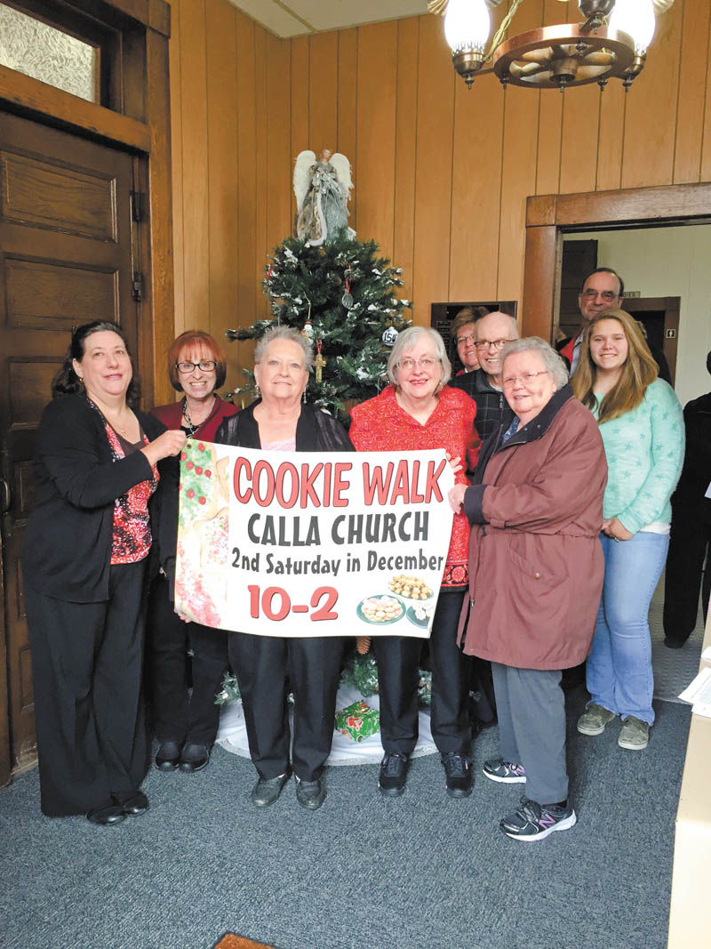 Calla Community Church, 6482 W. Calla Road, Canfield, will host its annual Cookie Walk at 10 a.m. Dec. 13. Most cookies will cost $4.50 per dozen except for specialty items. There also will be handmade craft items available for purchase. Church members preparing for the event, from left, are Lisa Proverbs, Diana Houston, Janet Schlegel, Gail Owens, Sarah Schlegel, Bob Davis, Mary Dunaway, Wayne Anderson and Lydia Schlegel. The proceeds will be used to help the church with its mission work, especially locally. The church is located between state Route 46 and Lisbon Road. For questions call the church at 330-533-6007. Special to The Vindicator