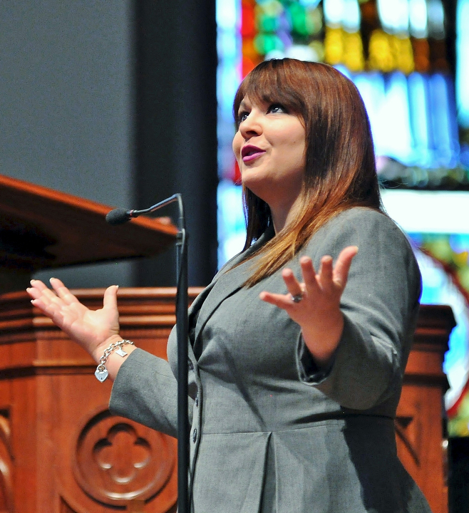 Jeff Lange | The Vindicator  Guest speaker State Senator Capri Cafaro speaks about the importance of veterans in today's society, Monday morning at the First Presbyterian Church in Warren.