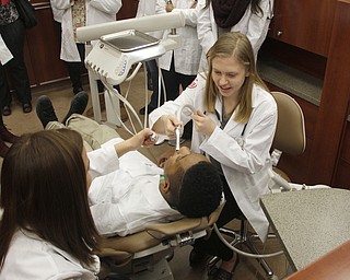        ROBERT K. YOSAY  | THE VINDICATOR..Kristin Sampson Harding 11 th  to right of chair  Valdeoso Patterson 11 Harding (chair) and  Isabella Orr  10th grade  bottom left -   watching is Alassia Dykes 10th grade and Kristen Dauber 11th grade ..YSUÕs Health Professions Affinity Community is an initiative to increase the diversity of the primary healthcare and dental workforce in the Mahoning Valley by encouraging high school students to prepare for careers in health professions.