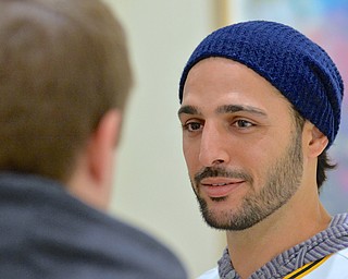 Jeff Lange | The Vindicator  Pirates' Sean Rodriguez smirks as he answers a few questions for Vindy sports writer Kevin Connelly, Wednesday morning at the Butler Art Museum in Youngstown.