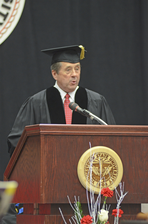 Katie Rickman | The Vindicator.Thomas Humphries, President/CEO of the Youngstown Warren Regional Chamber addresses graduates at Youngstown State University on Sunday, Dec. 14, 2014 at the Beeghly Center.