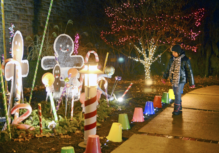Katie Rickman | The Vindicator.Emma Boughner, 7 of Boardman looks at a winter light display of gingerbread lane at Fellows Riverside Garden's Winter Nights display on Sunday, Dec. 14, 2014.
