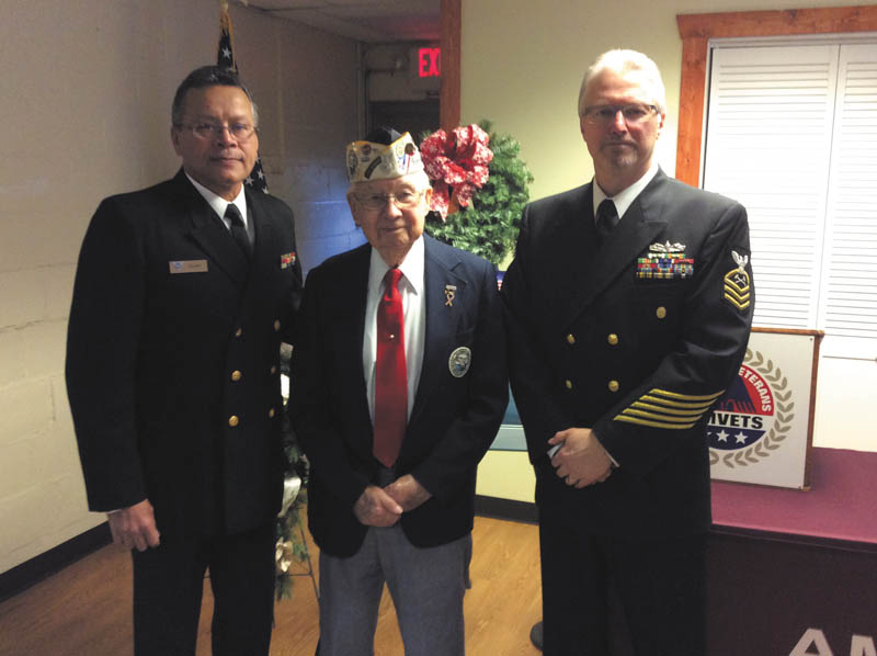AMVETS Post 44 of Struthers met for its annual Pearl Harbor Day Memorial Observance at 1 p.m. Dec. 7. The guest speaker was Retired Navy Chief John Stiner, who spoke of the history of the events of Dec. 7, 1941. Retired Navy Chief Tony Crespo led the invocation and Pledge of Allegiance. Another guest was Robert Bishop of Austintown, a survivor of the attack, who told of his experiences on the USS Tennessee. From left to right are Crespo, Bishop and Stiner. SPECIAL TO THE VINDICATOR