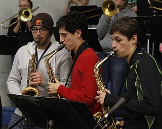 (L-R) Daniel Ciprianos, Peter Koulianos, and  Jake Jeges of the Poland Seminary band play the saxophone during halftime of Friday nights matchup against Boardman High School at Poland Seminary High School. Dustin Livesay  |  The Vindicator  12/19/14  Poland Seminary High School.