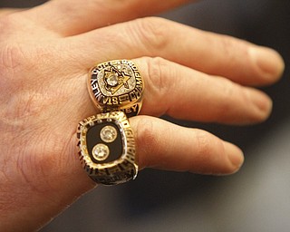        ROBERT K. YOSAY  | THE VINDICATOR..The Stanley Cup will be on display for photos in connection to its display at Friday night’s Phantoms game.Troy Loney points to the TWO rings he won and his name on the cup Twice.-30-