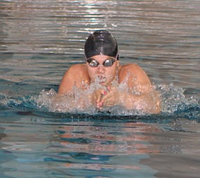 Boardman High School swimmer Brooke Bailey practice the breast stroke during practice on Monday morning at the Youngstown State University Beeghly Center natatorium.  Dustin Livesay  |  The Vindicator  12/22/14  Youngstown State University.
