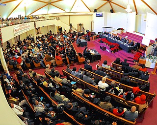 Jeff Lange | The Vindicator  A full house listens to the community panel during Monday evening's Does Race Matter? community forum at Union Baptist Church in Youngstown.