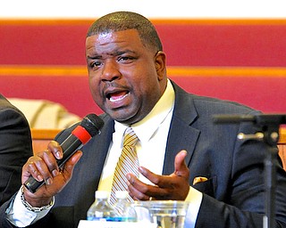 Jeff Lange | The Vindicator  Mahoning County Democratic Party Chairman Jamael Tito Brown responds to a question about race during Monday evening's Does Race Matter community forum held at Union Baptist Church in Youngstown.
