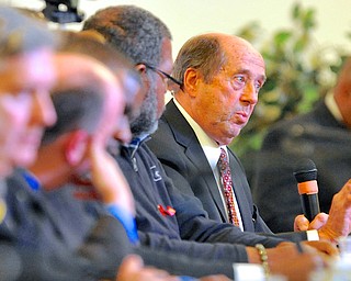 Jeff Lange | The Vindicator  Tom Humphries of the Regional Chamber of Commerce answers questions for concerned members of the Youngstown area, Monday evening at Union Baptist Church in Youngstown during a community forum.
