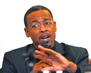 Jeff Lange | The Vindicator  Pastor Kenneth Donaldson of Rising Star Baptist Church speaks about how racism in Youngstown during a community forum held at Union Baptist Church, Monday evening.