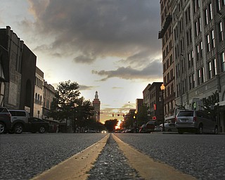 William D. Lewis The Vindicator  Looking West on Federal St at sunset in downtown Youngstown. Part of a series on sunset in downtown Youngstown. Taken 6/26/14.