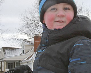 William D. Lewis the vindictor  Ethan Datko, 5, shovels snow in the driveway of his Boardman home Monday Jan. 5, 2015. The area got a light dusting of snow Monday but more is expected this week.He is son of John and Pamela Datko.