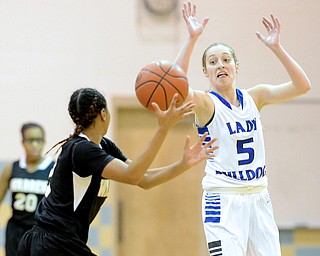 Jeff Lange | The Vindicator  Lakeview's Jensen Silbaugh (5) jumps to block Harding junior Gariana Bercheni's pass during first quarter action at Lakeview High School, Wednesday night.