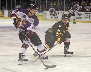 Katie Rickman | The Vindicator.Phantom's Kyle Conner (18) moves up the ice as Green Bay Gambler's (4) attempts to steal from him during the first period of the game at the Covelli Centre on Jan 10, 2015.