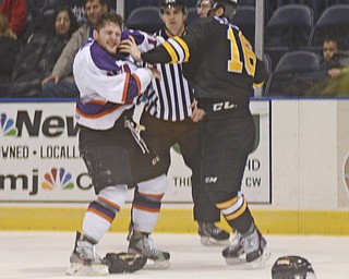 Katie Rickman | The Vindicator.Green Bay Gambler's Sam Kauppila(16) takes a swing at Phantom's Josh Nenadal (19) during the first period of the game at the Covelli Centre on Jan. 10, 2015.