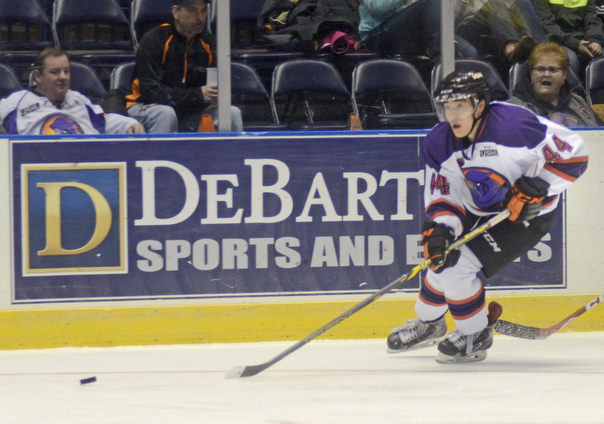 Katie Rickman | The Vindicator.Phantom's Kiefer Sherwood(44) pushes up the ice moments before scoring the first point for the Phantoms against the Green Bay Gamblers on Jan. 10, 2015.