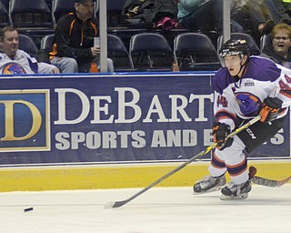 Katie Rickman | The Vindicator.Phantom's Kiefer Sherwood(44) pushes up the ice moments before scoring the first point for the Phantoms against the Green Bay Gamblers on Jan. 10, 2015.