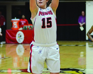 Katie Rickman | The Vindicator.Heidi Schlegel (14) shoots a foul shot and scores during the first period of the game against Cleveland State University on Thursday, Jan. 15, 2015.