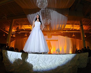 Jeff Lange | The Vindicator  Maddie VanOver of Lowellville stops at the end of the runway as she models the David's Bridal Collection during Sunday afternoon's 2015 Bridal Extravaganza Fashion Show held at the Eastwood Mall in Niles.