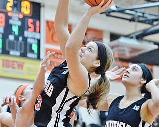 Jeff Lange | The Vindicator  Canfield's Savannah Barko (front) looks to make a shot as teammate Emily Ellis looks on from behind during second half action of Saturday's game at Howland High School.