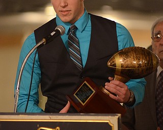 Katie Rickman | The Vindicator.Mark Schuler speaks after receiving the Byrd Giampetro Scholarship at the Curbstone Coaches Banquet on Jan. 25, 2015.
