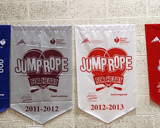        ROBERT K. YOSAY  | THE VINDICATOR..winnng banners from the last four years hang in the gym..PE classes at Stadium Drive  Elementary in Boardman School are participating in a jump-roping /hula-hoope  event to raise money for the American Heart Association.