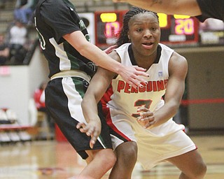 William D. Lewis the vindicator  YS's Indyuia Benjamin(3)) passesd  past Wright State's Lexi Smith (25)1-22-15 action