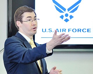 Jeff Lange | The Vindicator  Jonathan Kohl, lead facilitator for the Air Force Community Partnership Program speaks to Youngstown Military Affairs Council members during Thursday's AFCPP meeting held at the Youngstown Air Reserve Station in Vienna.