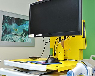 Jeff Lange | The Vindicator  Pictured is one of the many Workstations on Wheels often referred to as "W.O.W." Nurses and doctors use these mobile computers for charting. They are painted with various animal prints to give the room a more joyful atmosphere.