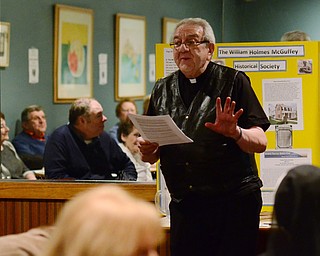 The Rev. George Balasko speaks on "Memories of a Lifetime" during the William Holmes McGuffey Historical Society meeting at the Kravitz's Deli meeting room in Liberty on Jan. 17. Balasko talked about his life and his involvment with the Roman Catholic Jewish Dialogue and the Polka Masses. "I took some of the Slovenian and Croatian melodies and wrote words for them," Balasko said about starting the Polka Mass.