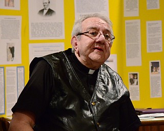 The Rev. George Balasko speaks on "Memories of a Lifetime" during the William Holmes McGuffey Historical Society meeting at the Kravitz's Deli meeting room in Liberty on Jan. 17. Balasko talked about his life and his involvment with the Roman Catholic Jewish Dialogue and the Polka Masses. "I took some of the Slovenian and Croatian melodies and wrote words for them," Balasko said about starting the Polka Mass.