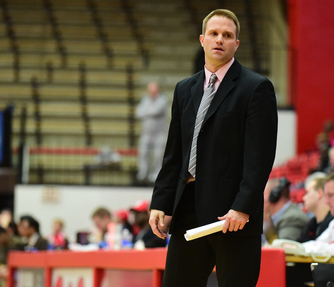 YOUNGSTOWN, OHIO - FEBRUARY 7, 2015: Head coach John Barnes wreacts on the sideline to a YSU turnover during the 2nd half of Saturday afternoons game at Beeghly Center. (photo by David Dermer/Youngstown Vindicator)