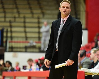 YOUNGSTOWN, OHIO - FEBRUARY 7, 2015: Head coach John Barnes wreacts on the sideline to a YSU turnover during the 2nd half of Saturday afternoons game at Beeghly Center. (photo by David Dermer/Youngstown Vindicator)