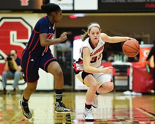 YOUNGSTOWN, OHIO - FEBRUARY 7, 2015: Jenna Hirsch #33 of YSU dribbles up court while being pressured by Melita Emanuel-Carr #1 of UIC during the 2nd half of Saturday afternoons game at Beeghly Center. (photo by David Dermer/Youngstown Vindicator)