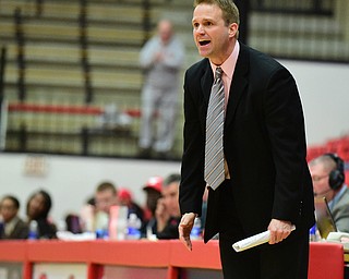 YOUNGSTOWN, OHIO - FEBRUARY 7, 2015: Head coach John Barnes wreacts on the sideline to a YSU turnover during the 2nd half of Saturday afternoons game at Beeghly Center. (photo by David Dermer/Youngstown Vindicator)