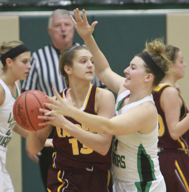 William D Lewis the Vindicator SR's Madison Durkin(13) keeps the ball cfrom West Branch's Melinda Trimmer(14) during Monday action at WB.