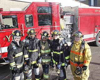        ROBERT K. YOSAY  | THE VINDICATOR..Rick Alli Christopher Stevens Dionshay Taylro Kristne Bowman and Makala Shultz ..A new program at Choffin Career and Technical Center teaches students fire fighting skills and techniques while aiming to increase the number of Youngstown residents in the fire department ranks..