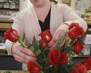 William D. Lewis the vindicator Danielle Rydarowicz, an employee of Dick Adgate Florist, Boardman, prepares an arrangement of roses 2-2-15.