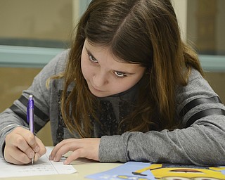 Katie Rickman | The Vindicator.Hannah Masucchi 12, of Poland works on math problems during a tutoring session with Poland High School student council member Wednesday, Feb. 4, 2015.