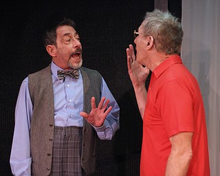 Hermie Wolleck played by David Jendre (left) of Youngstown tries argues with "Bert Pressman" (right) played by Terry Shears of Boardman during a dress rehearsal of "Last Laugh" at the Youngstown Playhouse on Tuesday night.   Dustin Livesay  |  The Vindicator  1/3/15  Youngstown Playhouse.