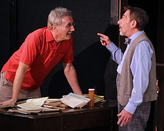 Bert Pressman played by Terry Shears of Boardman (left) leans over his desk while talking to "Hermie Wolleck" played by David Jendre (right) of Youngstown during a dress rehearsal of "Last Laugh" at the Youngstown Playhouse on Tuesday night.   Dustin Livesay  |  The Vindicator  1/3/15  Youngstown Playhouse.