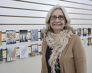 Katie Rickman | The Vindicator.Suzanne Gray, Art Director at the YMCA in Boardman poses for a photo in front of art work that is on display for the upcoming Five Squared Art Show.