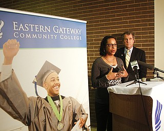        ROBERT K. YOSAY  | THE VINDICATOR..Sharrod Brown announced a bill to give veterans priority college registration to complete degrees before benefits expire. Lisa Thomas of Steubenville also talked about  her days at EGCC and pursuing her degree at a 4 year institution using military benefits