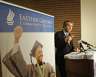        ROBERT K. YOSAY  | THE VINDICATOR..Sharrod Brown announced a bill to give veterans priority college registration to complete degrees before benefits expire. Lisa Thomas of Steubenville also talked about  her days at EGCC and pursuing her degree at a 4 year institution using military benefits
