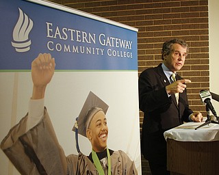        ROBERT K. YOSAY  | THE VINDICATOR..Sharrod Brown announced a bill to give veterans priority college registration to complete degrees before benefits expire. Lisa Thomas of Steubenville also talked about  her days at EGCC and pursuing her degree at a 4 year institution using military benefits