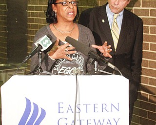        ROBERT K. YOSAY  | THE VINDICATOR..Sharrod Brown announced a bill to give veterans priority college registration to complete degrees before benefits expire. Lisa Thomas of Steubenville also talked about  her days at EGCC and pursuing her degree at a 4 year institution using military benefits