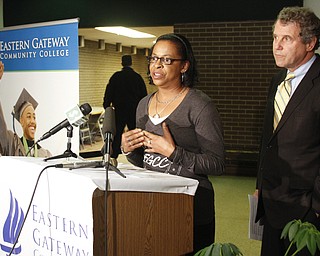       ROBERT K. YOSAY  | THE VINDICATOR..Sharrod Brown announced a bill to give veterans priority college registration to complete degrees before benefits expire. Lisa Thomas of Steubenville also talked about  her days at EGCC and pursuing her degree at a 4 year institution using military benefits