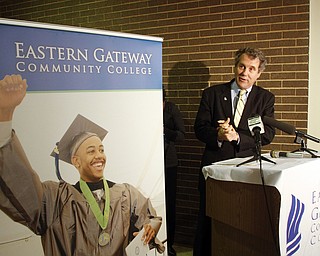        ROBERT K. YOSAY  | THE VINDICATOR..Sharrod Brown announced a bill to give veterans priority college registration to complete degrees before benefits expire. Lisa Thomas of Steubenville also talked about  her days at EGCC and pursuing her degree at a 4 year institution using military benefits